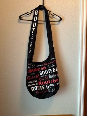 Route 66 Black Crossbody Bag with Pinkish Red & White Logo Print